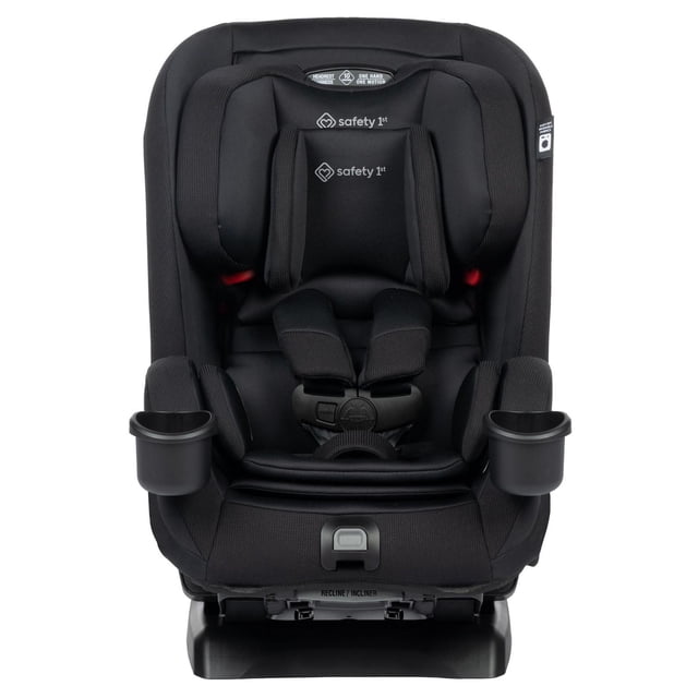 Safety 1st SlimRide All-in-One Car Seat in black, front-facing view showing padded adjustable headrest with Safety 1st logos, five-point harness system, two removable BPA-free cup holders, and recline adjustment lever at the base, designed for convertible use from rear-facing to booster modes for children from birth to age 10.