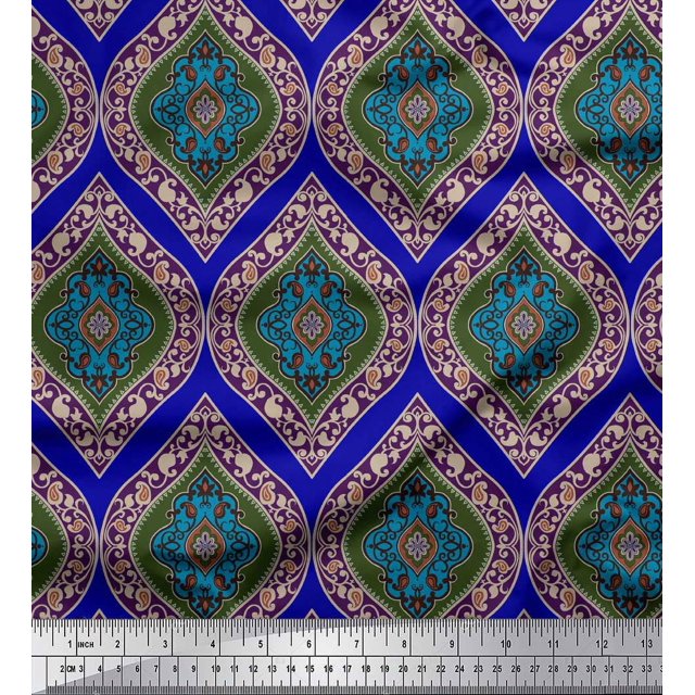 Soimoi Blue polyester Crepe Fabric Seamless Damask Print Fabric by Yard 52 Inch Wide