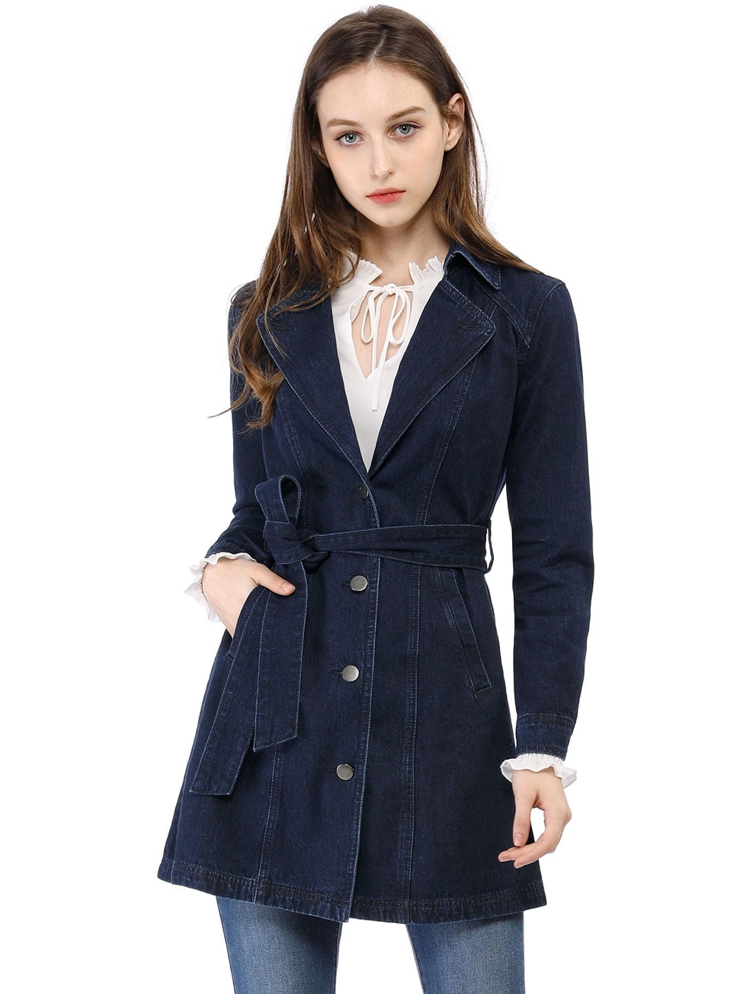 INSPIRE CHIC Manteau Trench en Denim pour Femmes à Revers Cranté, Boutonné devant, Ceinturé
