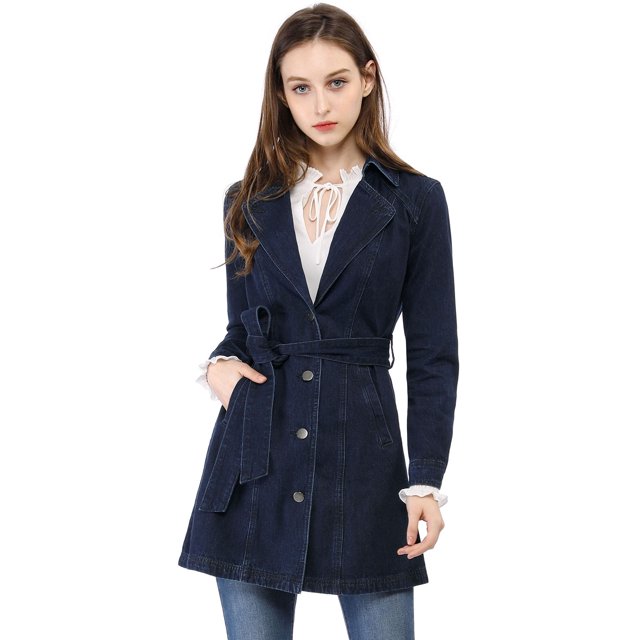 INSPIRE CHIC Women's Notched Lapel Button Front Belted Denim Trenchcoat Jacket