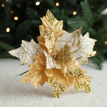 Meitianfacai Artificial Flower Glitter Flower Christmas Flower Fabric Floral Arrangement Decoration Christmas Garland Rattan Ornament, Gold