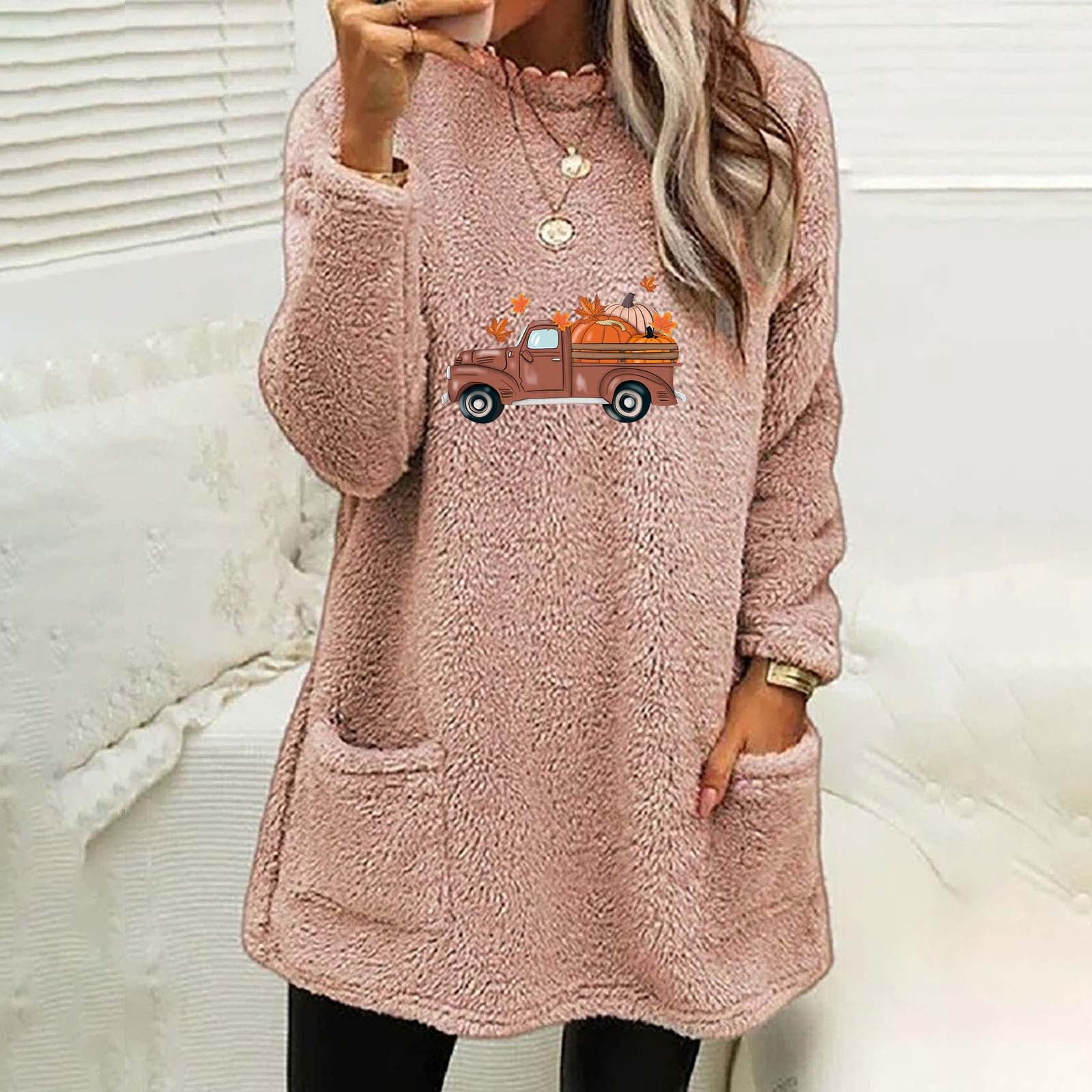 Hauts d'Entraînement pour Femmes à Col Rond et d'Hiver Ample Imprimé avec Poche Chaude à Manches Longues Blouse Hauts à Manches Longues Tee-Shirts pour Femmes en Liquidation