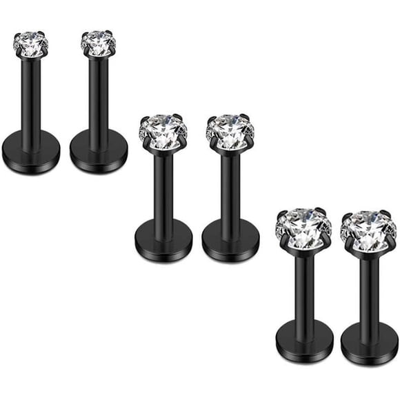 HSHDLDF 16G Diamond CZ Lip Rings Labret Monroe Nose Tragus Helix Ear Piercing Jewelry Surgical Stainless Steel 2/3/4mm CZ 8mm Bar Length 3 Pairs Set