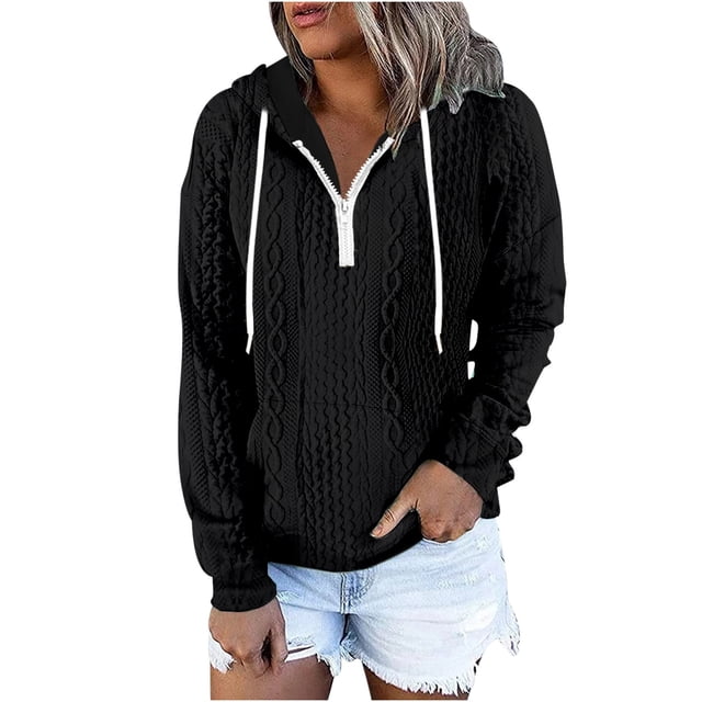 Besolor Womens Fall Fashion Quarter Zip Hoodies Sweatshirts Casual Long Sleeve Solid Color V Neck Drawstring Pullover Tops
