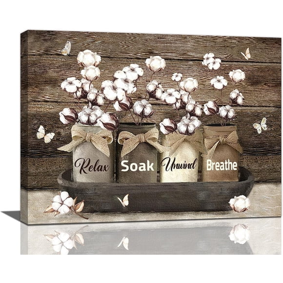 Farmhouse Bathroom Wall Art Country Bathroom Wall Decor Rustic Cotton Flower Rustic Relax Soak Unwind Breathe Pictures Canvas Prints Framed Modern Artwork for Home Bathroom Toilet 16"x12"