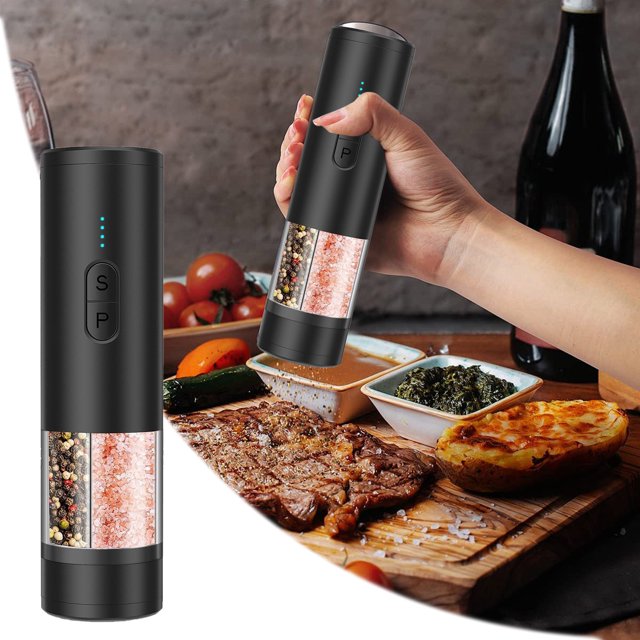 Electric Salt And Pepper Grinder Set,2-In-1 Dual Chamber Mill Shakers,Usb Rechargeable Automatic One-Handed Operation,Adjustable Coarseness,Battery Indicator,Led Light,Kitchen Gift,Black