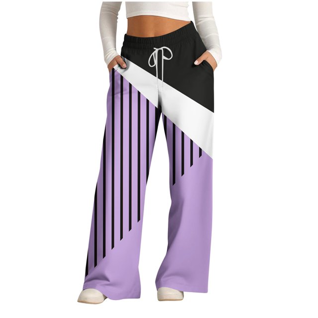 Pants for Women, Womens Fashionable Striped Printed Drawstring Wide Leg Pants