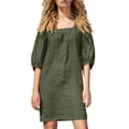thumbnail image 1 of Mrat Robe Femme en Coton et Lin Vêtements Décontractés Couleur Unie Encolure Carrée Manche Mi-Longue Robe Ample Courte P-42 Vert G, 1 of 4