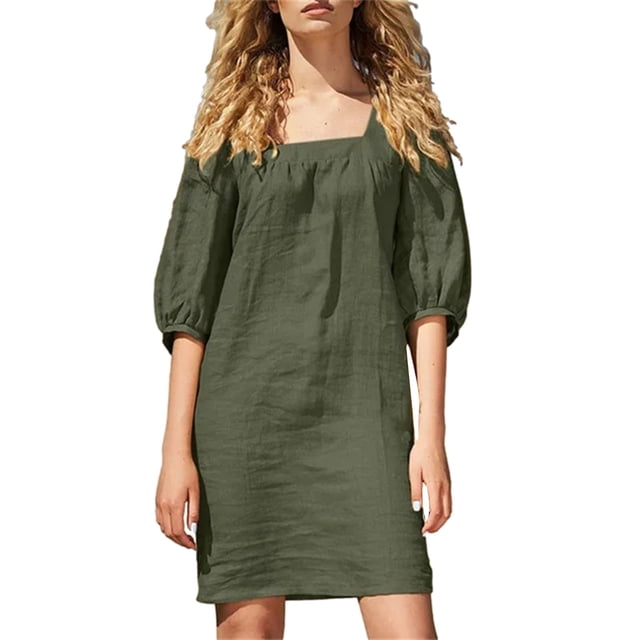 Mrat Robe Femme en Coton et Lin Vêtements Décontractés Couleur Unie Encolure Carrée Manche Mi-Longue Robe Ample Courte P-42 Vert G