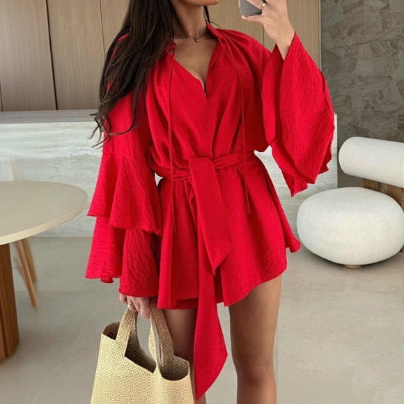 Mceream Women's Loose Fit Wrap Dress with Tie Waist, Bell Sleeve, Casual Linen Look for Summer Beach & Vacation Outfits – Comfortable & Breathable Red XXL