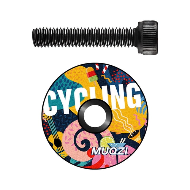 Headset Stem Top Cap Bike Headset Top Cap, a colorful aluminum alloy component with a creative design featuring the word 'CYCLING' and vibrant patterns. Includes a black M6 screw for installation. Suitable for 1 1/8-inch (28.6mm) front forks, ideal for road bikes and cycling accessories.