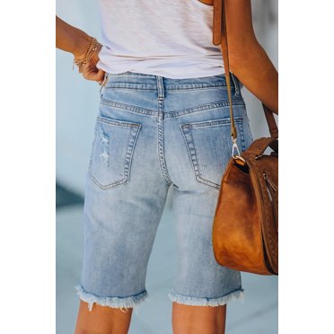 POGLIP Women's Sky Blue ALICE DISTRESSED DENIM BERMUDA SHORTS