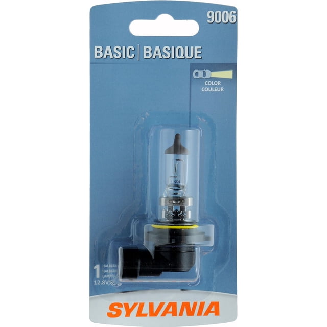 SYLVANIA 9006 Basic Halogen Headlight in clear plastic packaging on blue and white card, showing a single halogen bulb with black base and yellow seal, DOT compliant and designed as a direct replacement for automotive exterior lighting.
