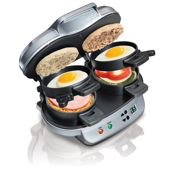 Hamilton Beach Dual Breakfast Sandwich Maker with Timer, Ready in 5 Minutes, Removable Dishwasher Safe PFAS-Free Non-Stick Egg Cooker Ring, Silver (25490C)