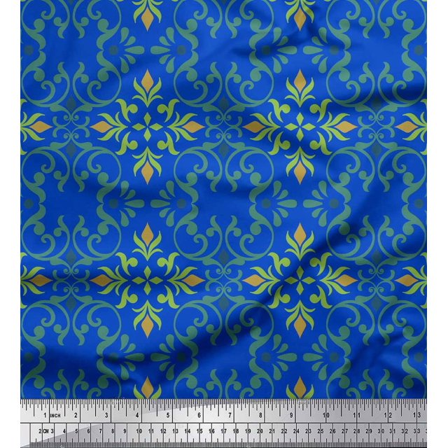 Soimoi Tissu Bleu Poly Georgette Imprimé Damas Marocain au Mètre 52 Pouces de Large