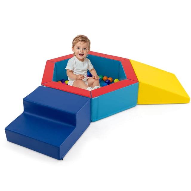 Costway 3 PCS Baby Foam Climbing Blocks with Ball Pit, Triangle, and Stair, made of multicolor PU leather and EPE foam for durability and easy cleaning. Includes 100 colorful ocean balls in the ball pit, which doubles as a crawling tunnel or obstacle structure. Ideal for toddlers aged 1+ to develop motor skills, coordination, and spatial awareness. Secure hook-and-loop fasteners ensure safe play. Suitable for indoor use in playrooms, kindergartens, and daycare centers.