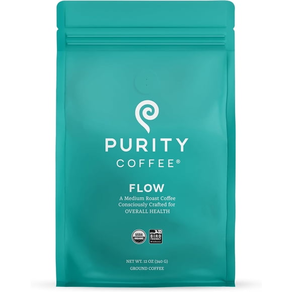 PURITY COFFEE FLOW Original Medium Roast Ground (340g Bag) | Specialty-Grade USDA Organic Arabica Blend | Third Party Tested for Mold, Mycotoxins & Pesticides