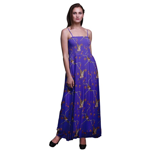 Bimba Robe Soleil de Plage pour Femmes à Corsage Smocké, Imprimé Feuilles Sèches et Chardonnerets Dorés - Très Petit