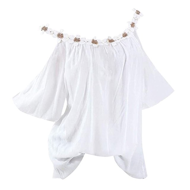 Birdeem T-Shirt Blouse Sans Bretelles à Épaules Dénudées pour Femmes Grande Taille avec Col Rond Appliqué et Fleurs