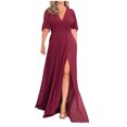 thumbnail image 1 of Gspmoly Robes d'Été pour Femmes, Robe Longue en Mousseline à Manches Mi-Longues Fendue à Col en V, Style Élégant, Robes de Cocktail pour Femmes en Liquidation, 1 of 7