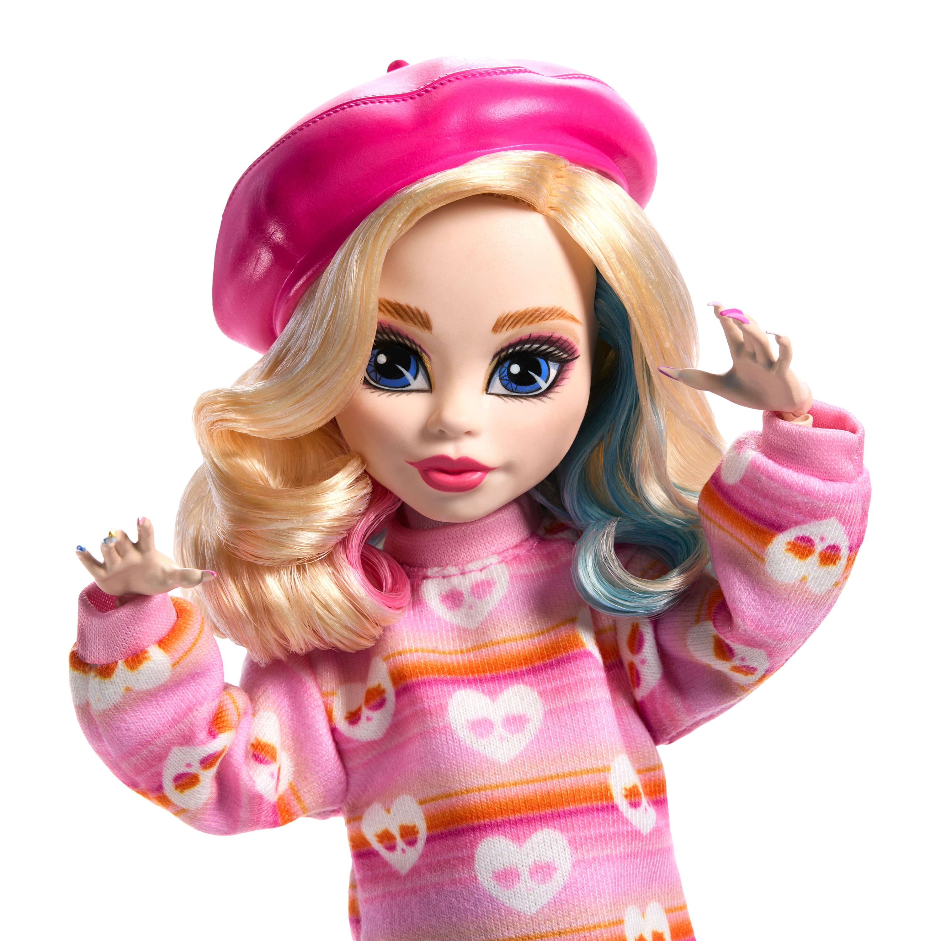 Monster High Enid Sinclair Poupée à collectionner dans une tenue rose avec béret et sac à dos, socle pour poupée