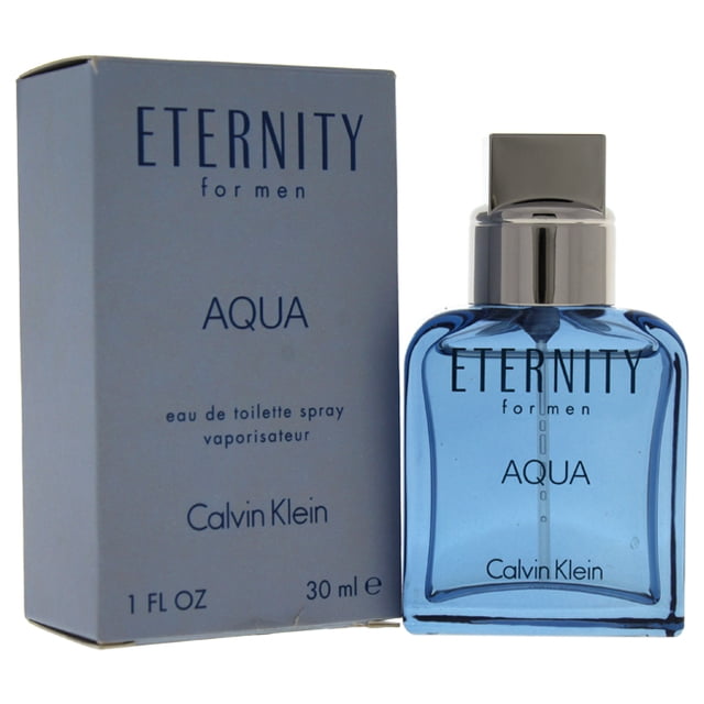 Eternity Aqua by Calvin Klein for Men - 1 oz EDT Spray. A 30 ml bottle of eau de toilette with a sleek blue design, accompanied by its matching box. This aquatic fragrance, launched in 2010, features notes of citruses, lotus, green leaves, sichuan pepper, mirabelle plum, lavender, cedar, sandalwood, guaiac wood, patchouli, and musk.