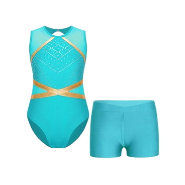 Yartina Girls Sparkly Gymnastics Leotards Ballet Dance Unitards with Short Sleeveless Tumbling Bodysuit Dancewear Blue Green 8