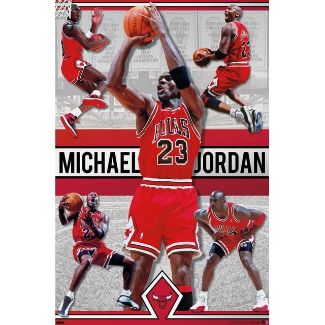 Michael Jordan - Affiche Murale Collage, 22,375 Po x 34 Po Présentant Plusieurs Photos d'Action de Michael Jordan avec Son Chandail Rouge Chicago Bulls Numéro 23 Exécutant des Mouvements de basketball comme le Tir, le dunking et le Dribble, sur Fond de Bannières de Championnat et d'Une Foule, avec un Texte Audacieux de Son Nom et du logo des Bulls au Bas, Convient à la Déco de Salle de Sport Ou de fan.