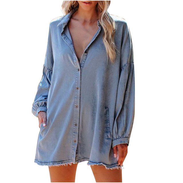Robe en Jean à Manches Longues pour Femmes Col en V Boutonnée Mini Chemise Robe Décontractée Ample Tunique avec Poches