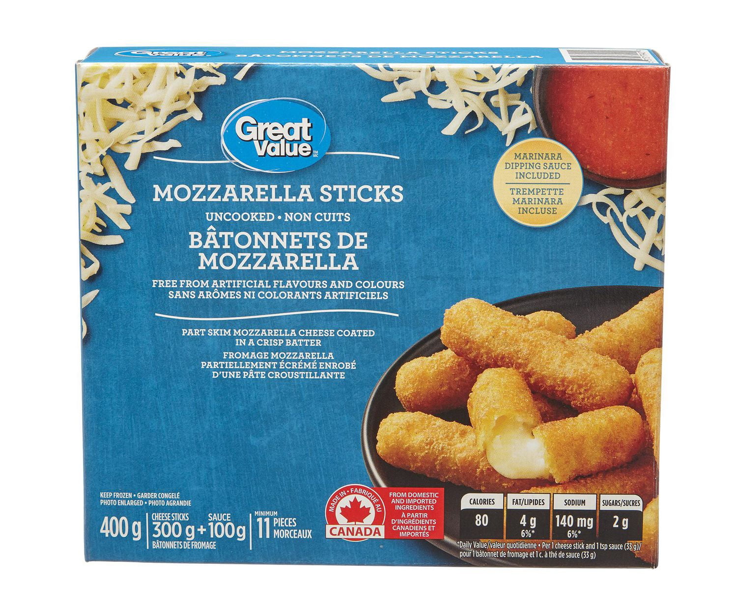 Great Value Bâtonnets de Mozzarella Surgelés avec Sauce Marinara pour Trempette hors-D'œuvre 400g