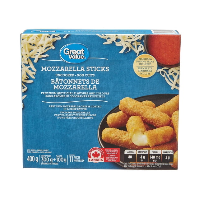 Great Value Frozen Mozzarella Sticks with Marinara Dipping Sauce Appetizers, 400g