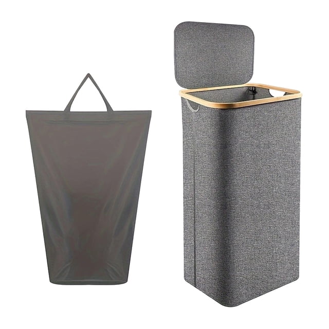 Clothes Hamper Large Laundry Basket in gray, featuring a foldable design with a removable inner bag and hollow handles. Made of durable Oxford cloth, this 100L tall laundry hamper measures 74cmx41cmx33cm (29.13inchx16.14inchx12.99inch) and includes a waterproof exterior. Ideal for laundry room storage, organizing clothes, towels, toys, and other household items in living rooms, dorms, or bedrooms.