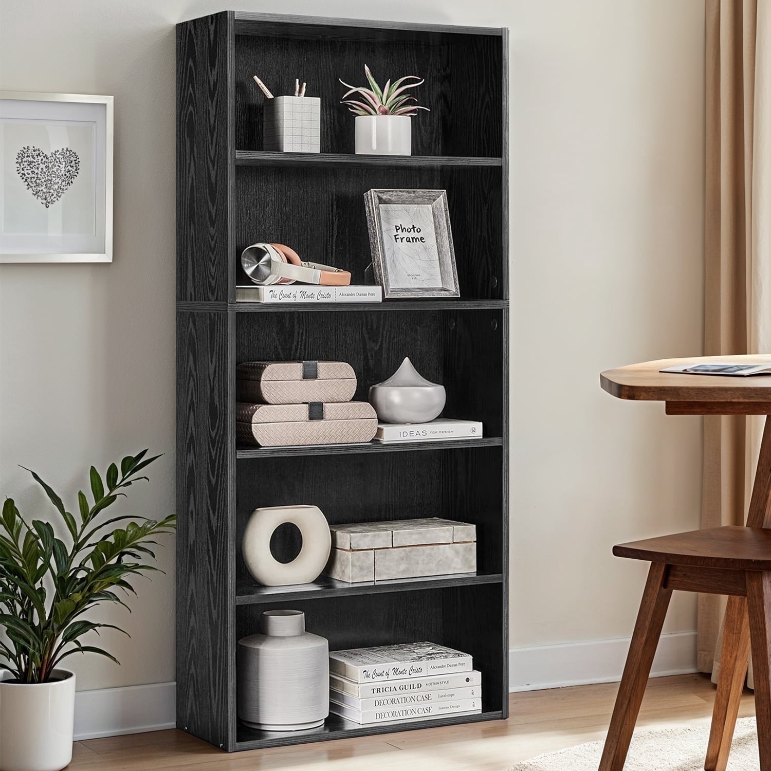 LEDREM 5-Tier Adjustable Bookcase, Open Bookshelf, Storage Shelf Organizer, 22lb Capacity per Shelf, for Home, Office, Ebony Black