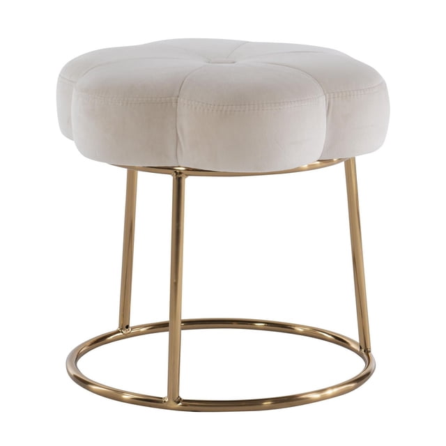 Sabine Accent Vanity Stool, White featuring a plush white velvet floral-inspired padded seat on a gold-plated round tubing base, 17.75 inches high, ideal for bar or counter stool seating in kitchen, dining, or vanity spaces.