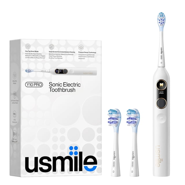 usmile Y10 PRO Rechargeable Electric Toothbrush with Smart Display and missed-spot indicator; white cylindrical handle with slim neck, two replaceable brush heads visible, power and function buttons and a small smart screen, pressure sensor and 2-minute timer features noted, 180-day battery life per specifications; front-facing on plain white background, suitable for travel.