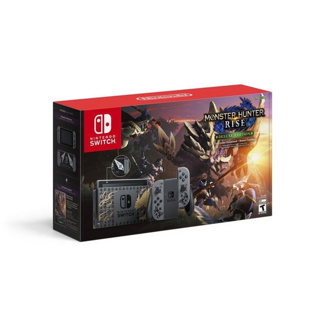 Nintendo Switch™ MONSTER HUNTER RISE Deluxe Edition system with Magnamalo-themed metallic artwork inspired by the action-RPG Monster Hunter Rise. Includes a Nintendo Switch console, Joy-Con™ controllers, and dock featuring game-inspired iconography. Bundle includes a digital code for Monster Hunter Rise and Deluxe Kit DLC with additional in-game content.