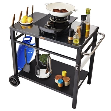 VEVOR Chariot de Repas pour Gril Extérieur avec Double Tablette, Table de Préparation des Aliments Mobile pour BBQ, Dessus de Table en Fer Multifonction, Chariots Modulaires Portatifs pour Four à Pizza, Table de Travail avec 2 Roues, Poignée de Transport, Noir