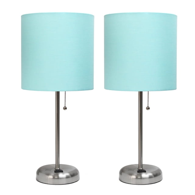 LimeLights Brushed Steel Stick Lamp with Charging Outlet and Fabric Shade 2 Pack Set with two table lamps featuring brushed steel round bases, slim steel rods, and light blue fabric drum shades, each with a pull chain switch and built-in 2-prong charging outlet in the base, ideal for bedrooms, dorms, or offices.