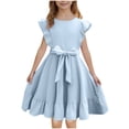 thumbnail image 3 of Milgrthf Robe à Volants pour Filles, Ligne A, Évasée, Ceinturée, Robe Décontractée de Fête, Couleur Unie, avec Ceinture, pour Adolescentes de 6 à 16 Ans, Bleu Pâle, 3 of 9