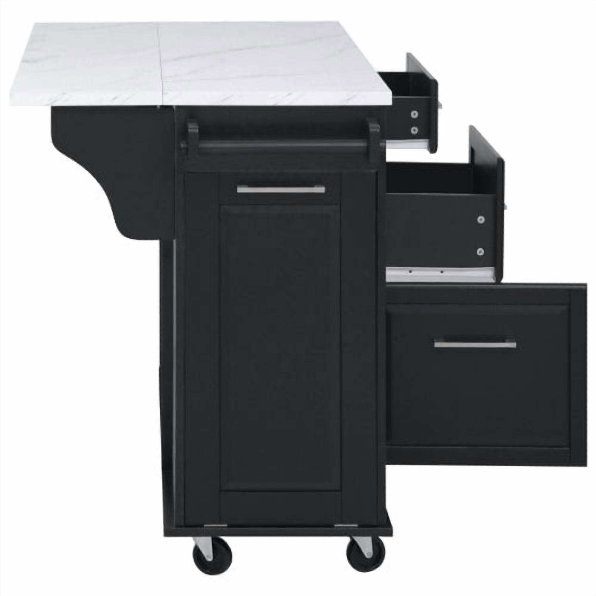 Homy Casa Îlot de cuisine roulant 50,7 po avec rangement, abattant, armoire basculante pour poubelle, organiseur coulissant, 2 tiroirs, noir