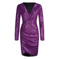 thumbnail image 3 of WTXUE Robe à Manches Longues, Robe à Paillettes à Col en V à Manches Longues, Robe Ajustée Élégante pour Dames, Robe à Paillettes pour Femmes, Robes Petites pour Femmes, Robe Violette, Violet P, 3 of 7