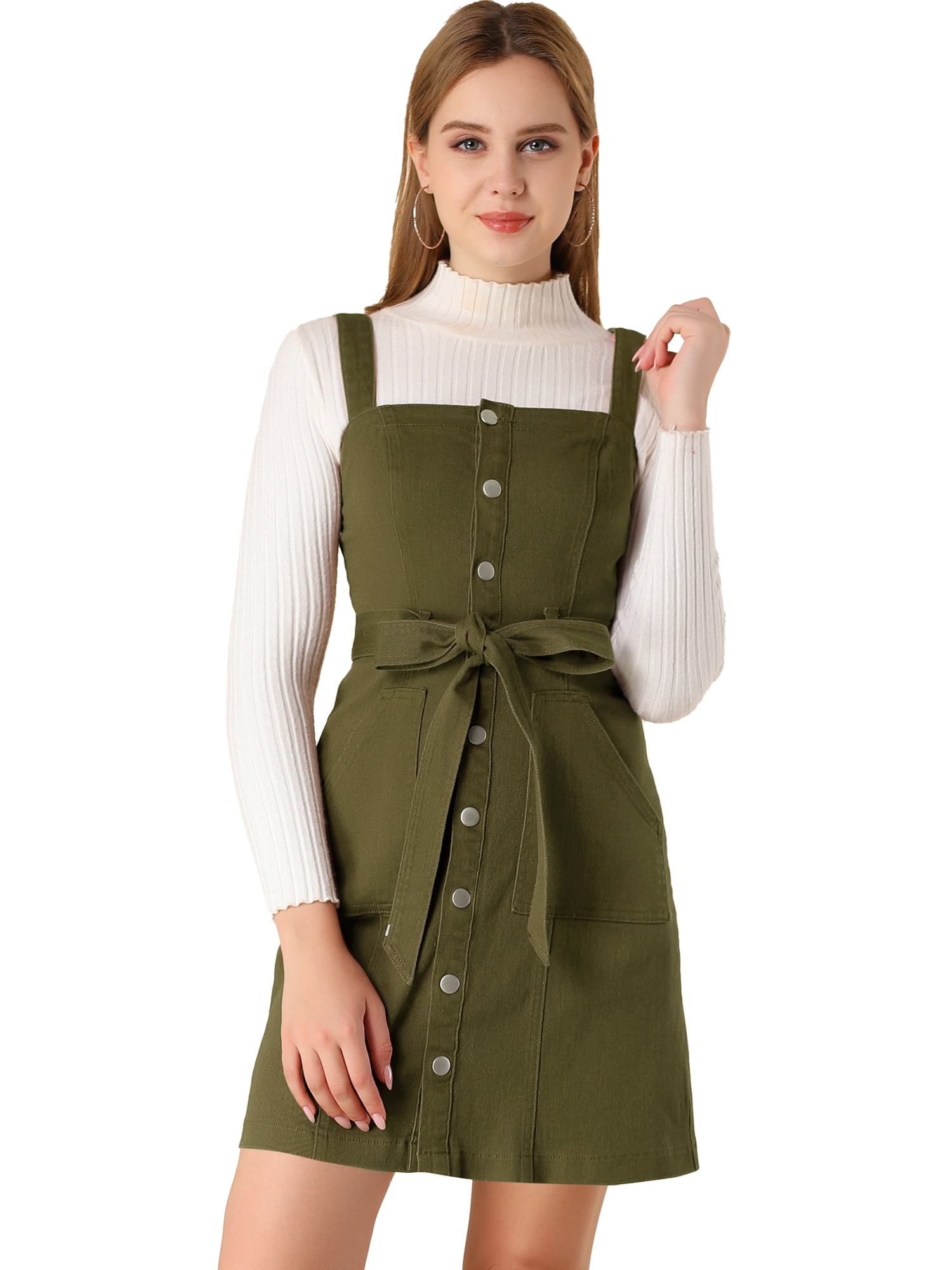 INSPIRE CHIC Women's Classic Adjustable Strap A-Line Overall Denim Dress