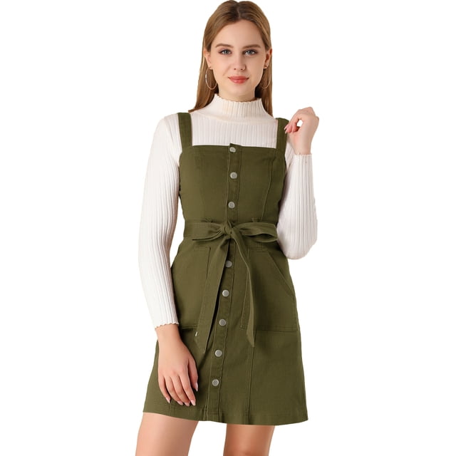 INSPIRE CHIC Women's Classic Adjustable Strap A-Line Overall Denim Dress