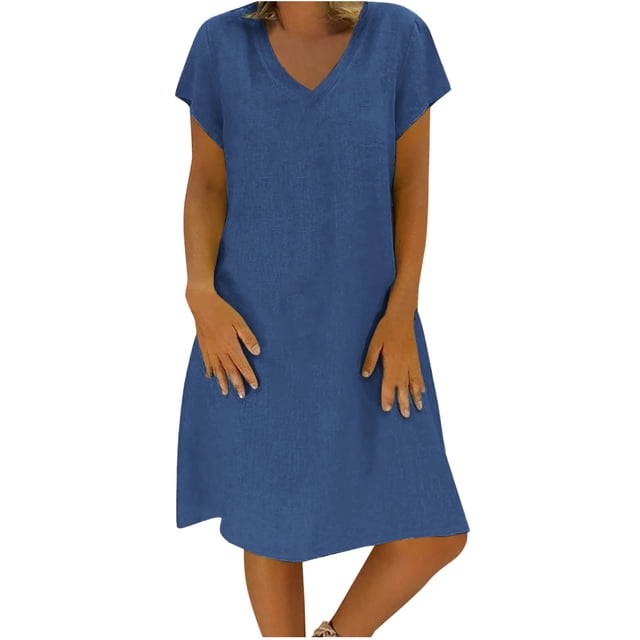 Cameland Robe d'Été Ample pour Femme à Col en V, Unie, à Manches Courtes, en Coton et Lin