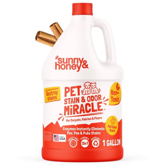 Sunny & Honey Pet Stain & Odor Miracle - Enzyme Cleaner for Dog Urine & Cat Pee - Pet Odor & Stain Remover for Carpet, Mattress, Furniture - Upholstery Cleaner & Deodorizer (1 Gallon, Fall Spice)