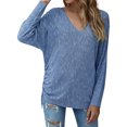thumbnail image 3 of Women V Neck Long Sleeve Ruching Side Pure Color Top, 3 of 7