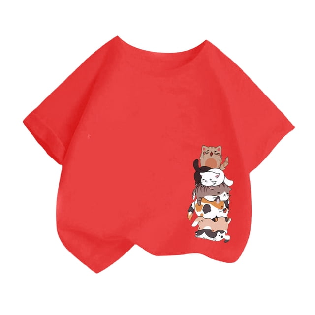 LUOGENLI T-Shirt pour Filles Enfant Filles Mignon Mode Imprimé Décontracté Ample Col Rond Manche Courte Tee Été T-Shirt Hauts Maxi Chemises pour Filles Paquet Rouge 2-4 Ans