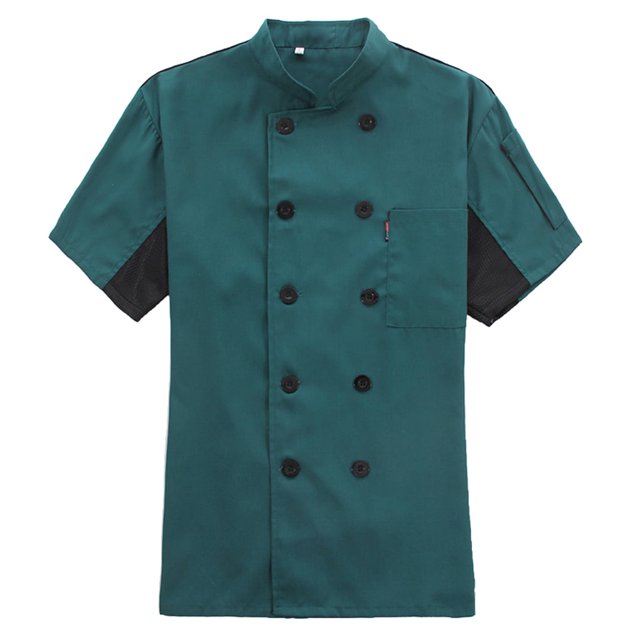 Chef Coat Short Sleeve with Buttons Pockets Cook Jacket Chic Cooking Work Wear Uniform Costume for Restaurant Hotel Cafe Kitchen Dark Green XXL