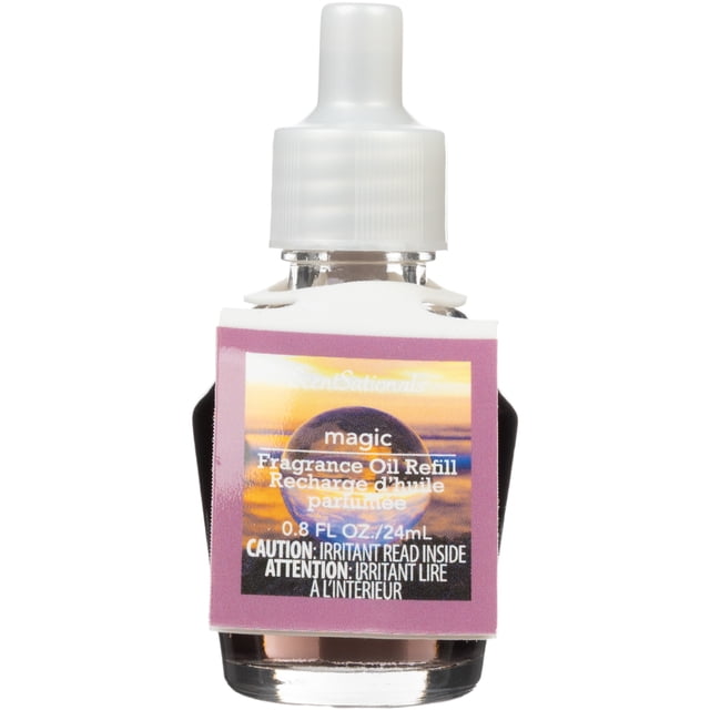 ScentSationals ScentCharm Huile - Bouteille de Recharge d'Huile Parfumée Magique avec Bouchon en Plastique Blanc et Étiquette Violette Présentant un Arrière-Plan de Coucher de Soleil et un Texte d'Avertissement, Contenant 0,8 fl oz (24 ml) d'Huile Parfumée pour Diffuseurs de Désodorisant, Convient à une Utilisation dans n'Importe Quelle Pièce pour Créer une Atmosphère Chaleureuse.