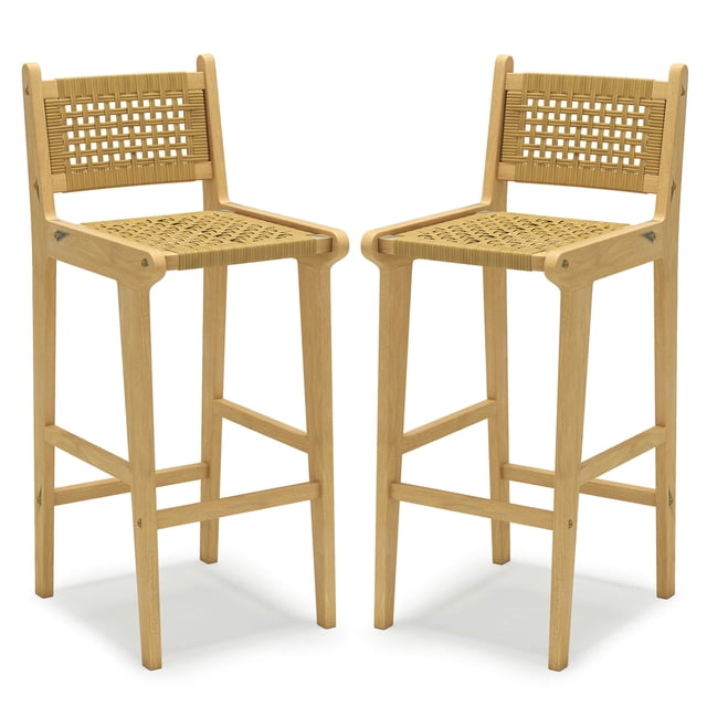 Costway 2 PCS Patio Teak Wood Bar Stool Outdoor Bar Height Chair with Rattan Backrest & Seat